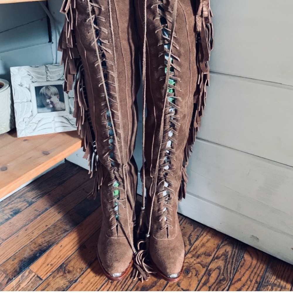 Gypsy Spell Brown Over the Knee Boots with Fringe - Picture 4 of 8